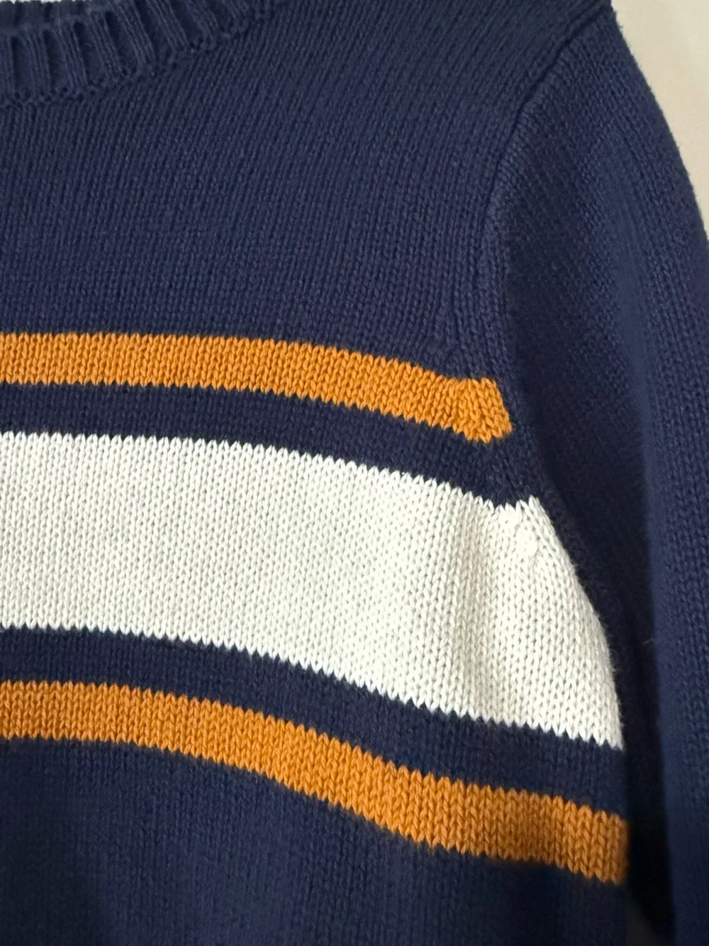 Old Navy Navy Toddler Crewneck Sweater with White and Mustard Stripes